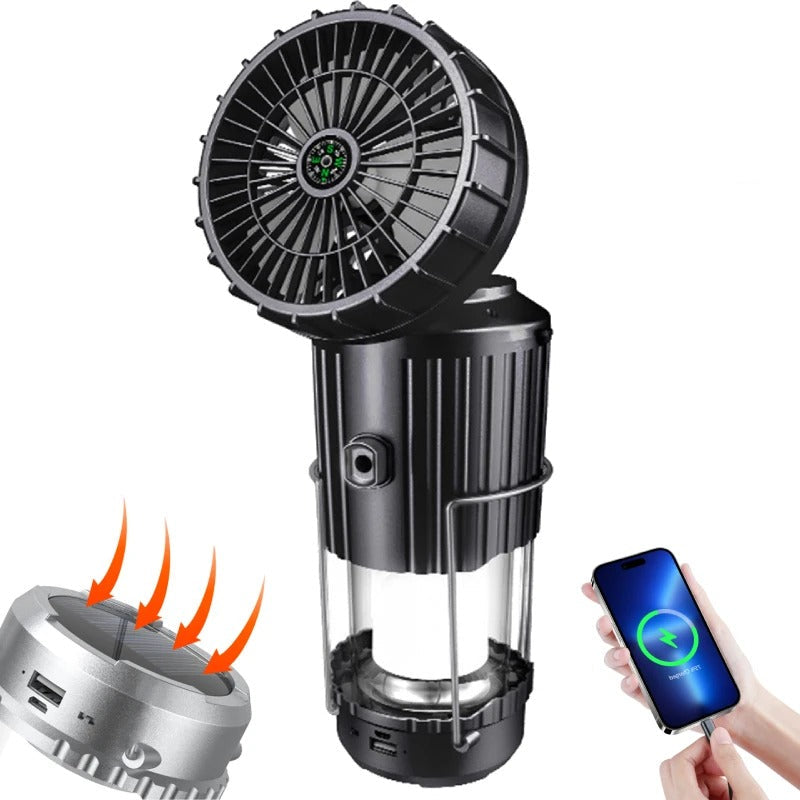 Solvind™ 5-i-1 Campinglampa – Solcellsdriven Fläkt, Ljus, Powerbank & Mer