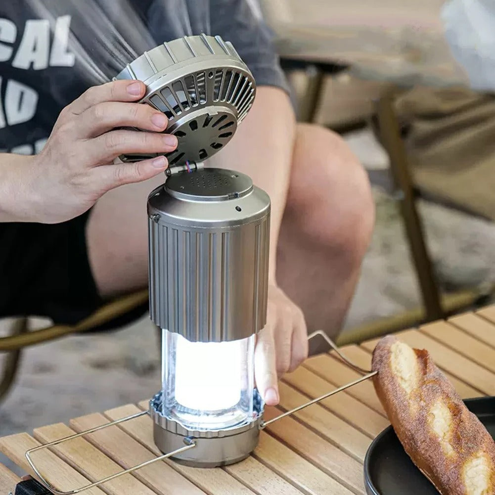 Solvind™ 5-i-1 Campinglampa – Solcellsdriven Fläkt, Ljus, Powerbank & Mer