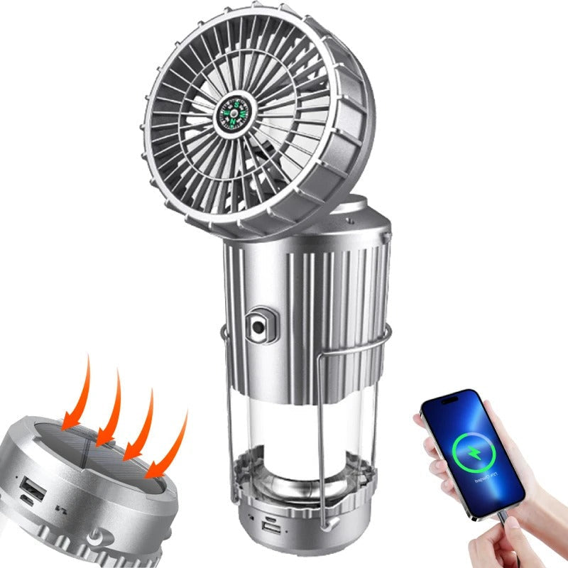 Solvind™ 5-i-1 Campinglampa – Solcellsdriven Fläkt, Ljus, Powerbank & Mer