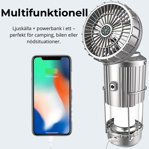 Solvind™ 5-i-1 Campinglampa – Solcellsdriven Fläkt, Ljus, Powerbank & Mer