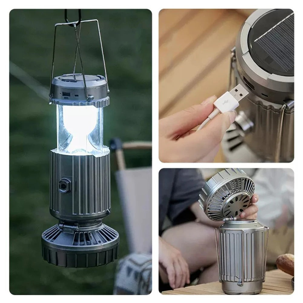 Solvind™ 5-i-1 Campinglampa – Solcellsdriven Fläkt, Ljus, Powerbank & Mer