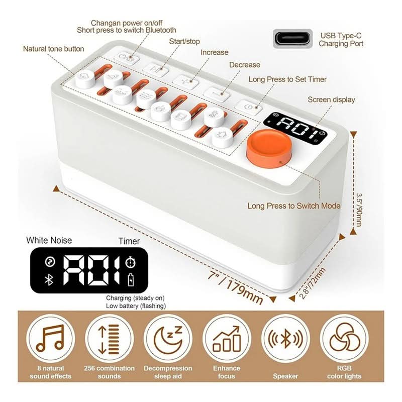 SleepHaven™ – White Noise Sleep Sound Machine med Bluetooth & Nattlampa